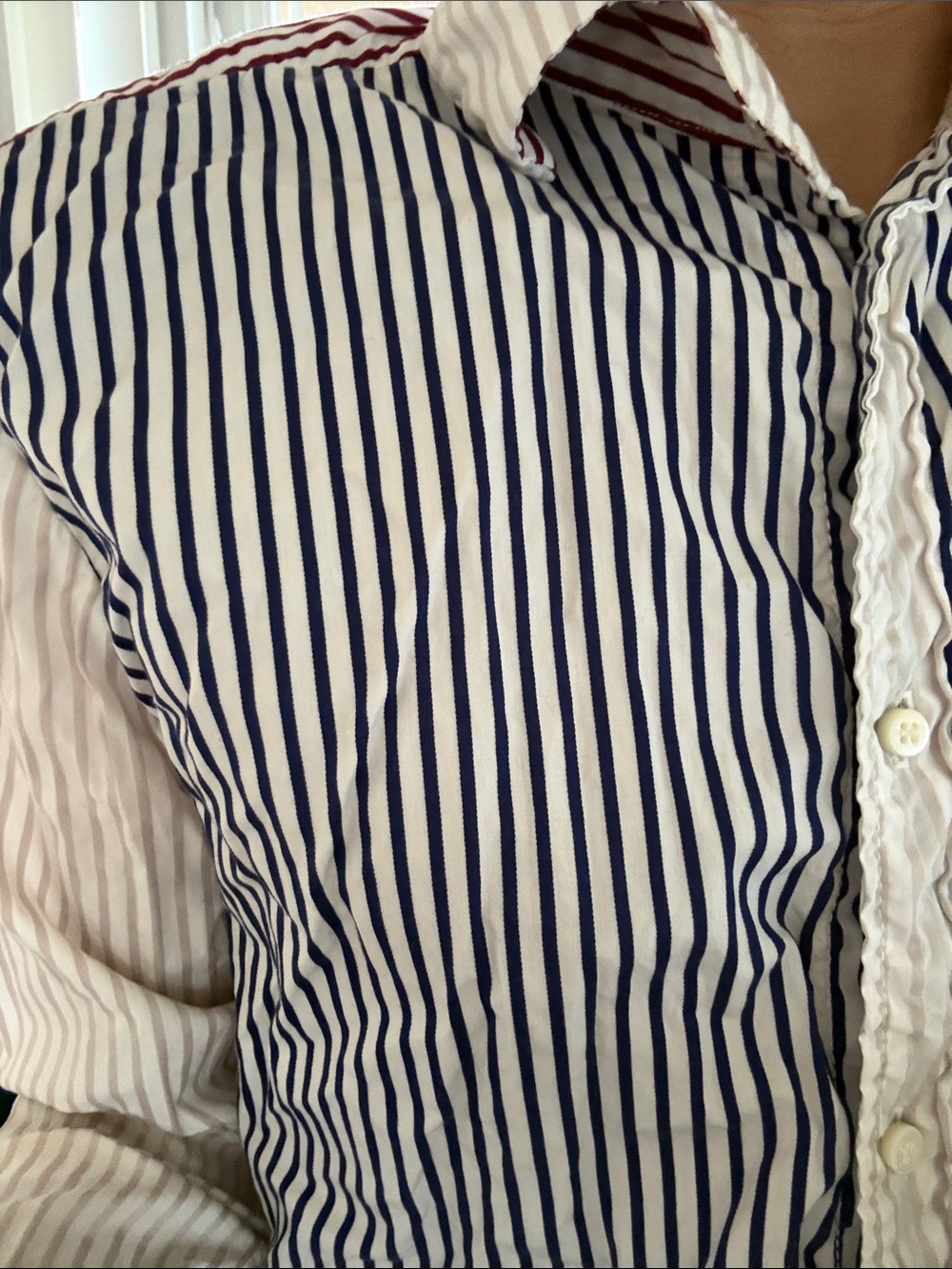 Navy, purple, burgundy & White Striped Button-Up Shirt by JOHNBULL. JAPAN.cttn